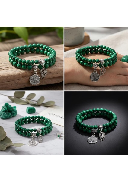 Doğal Malakit Taşı Bileklik Seti – Hayat Ağacı & Yaprak Charm | Enerji Dengeleyici, El Yapımı modelleri