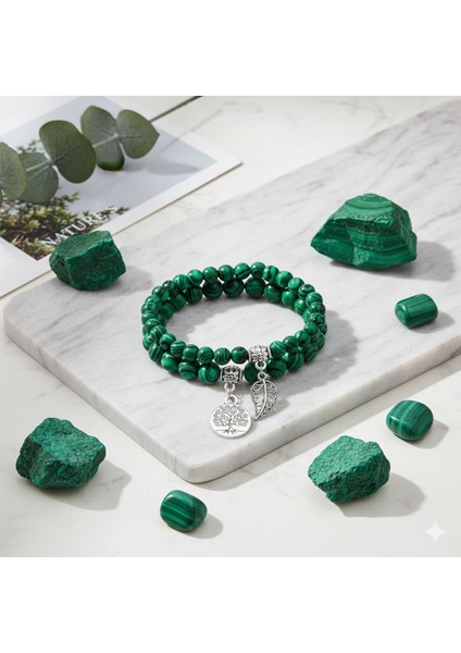 Doğal Malakit Taşı Bileklik Seti – Hayat Ağacı & Yaprak Charm | Enerji Dengeleyici, El Yapımı fırsatları