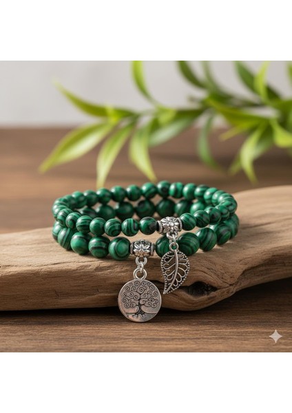 Doğal Malakit Taşı Bileklik Seti – Hayat Ağacı & Yaprak Charm | Enerji Dengeleyici, El Yapımı indirimleri