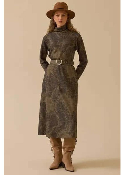 Kadın Kemerli Desenli Midi Elbise - Haki