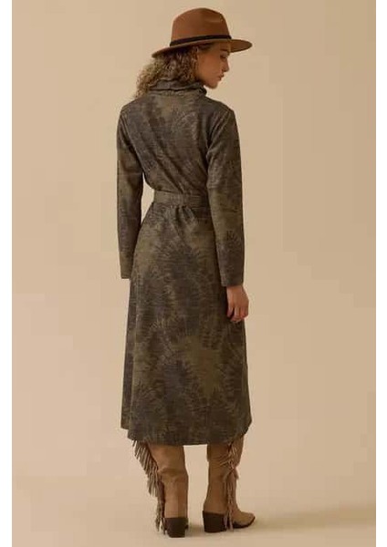 Kadın Kemerli Desenli Midi Elbise - Haki fiyatları