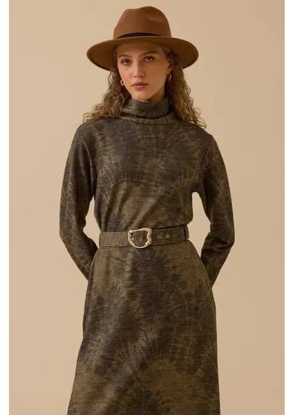 Kadın Kemerli Desenli Midi Elbise - Haki modelleri