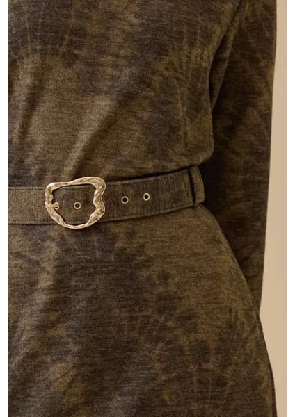 Kadın Kemerli Desenli Midi Elbise - Haki fırsatları