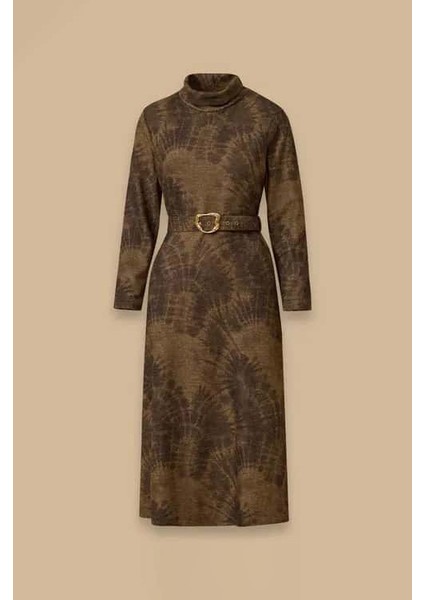 Kadın Kemerli Desenli Midi Elbise - Haki indirimleri