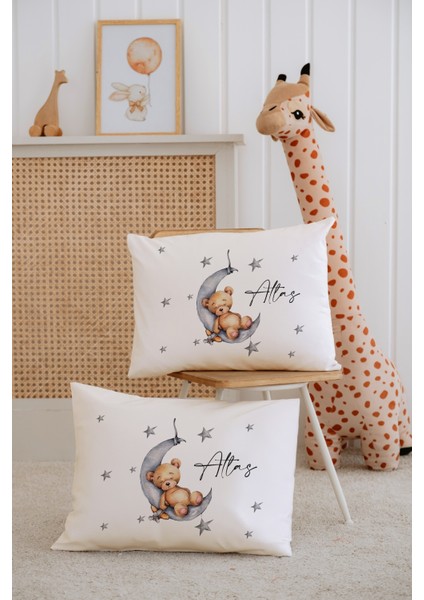 %100 Pamuk Isme Özel 2li Ekru Bebek Yastık Kılıfı 35X45 Cm-Ayıcık
