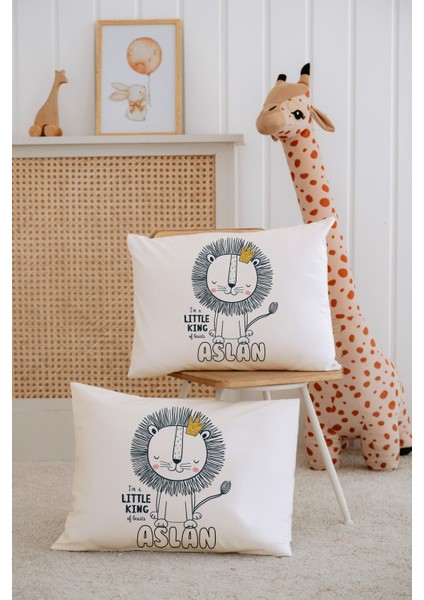 %100 Pamuk Isme Özel 2li Ekru Bebek Yastık Kılıfı 35X45 Cm-Aslan