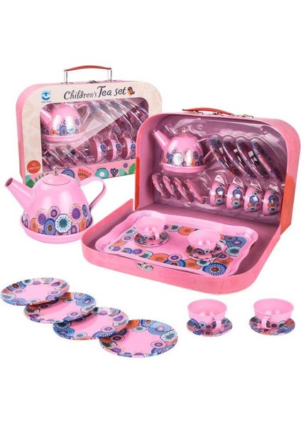 15 Parça Tepsili Çantalı Metal Evcilik Mutfak Eğitici Çocuk Oyuncak Çay Seti