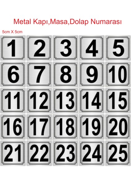 Metal Kapı,Masa,Dolap Numarası 5cmx5cm 25 Adet (1..25) Gümüş Renk Metal 002
