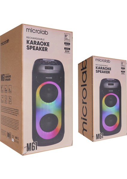 Mıcrolab M61, 80W, Taşınabilir, Bt/usb/aux/tf/tws, Rgb Işıklı, 2400MAH Batarya, 2ADET Vhf Mikrofon, Karaoke/parti, Bluetooth Speaker, indirimleri