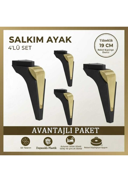 Salkım Ayak 19CM Siyah-Altın(4 Adet)Mobilya Kanepe Sehpa Tv Ünitesi Koltuk Genç ve Çocuk Odası Ayağı
