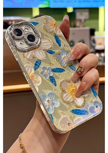 iPhone 13 Kılıf Renk Geçişli Taşlı Kamera Lens Korumalı Simli Yeşil Çiçek Desenli Darbe Emici Kapak