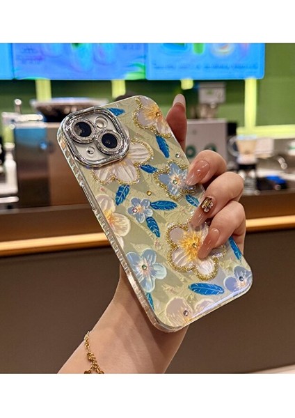 iPhone 13 Kılıf Renk Geçişli Taşlı Kamera Lens Korumalı Simli Yeşil Çiçek Desenli Darbe Emici Kapak fiyatları