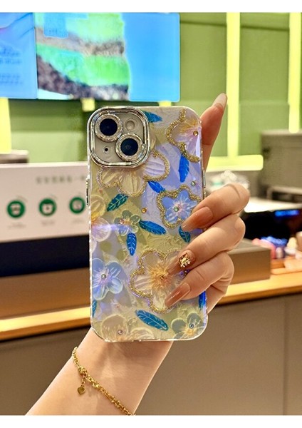 iPhone 13 Kılıf Renk Geçişli Taşlı Kamera Lens Korumalı Simli Yeşil Çiçek Desenli Darbe Emici Kapak modelleri