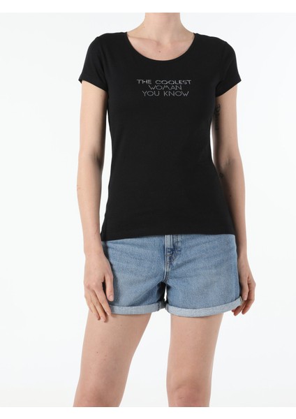 Slim Fit Bisiklet Yaka Örme Kadın Siyah Kısa Kol Tişört