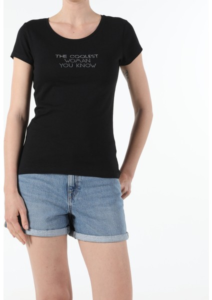 Slim Fit Bisiklet Yaka Örme Kadın Siyah Kısa Kol Tişört fiyatları