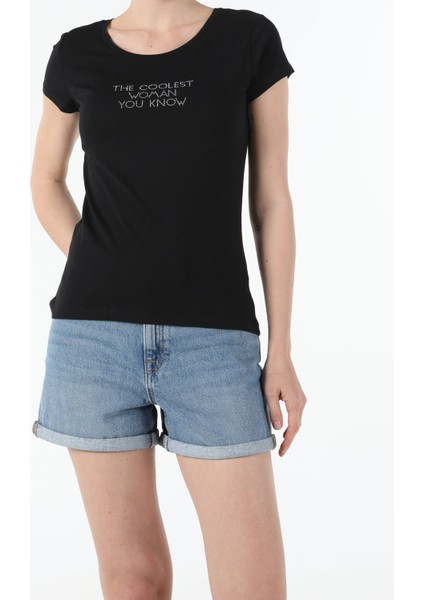 Slim Fit Bisiklet Yaka Örme Kadın Siyah Kısa Kol Tişört modelleri