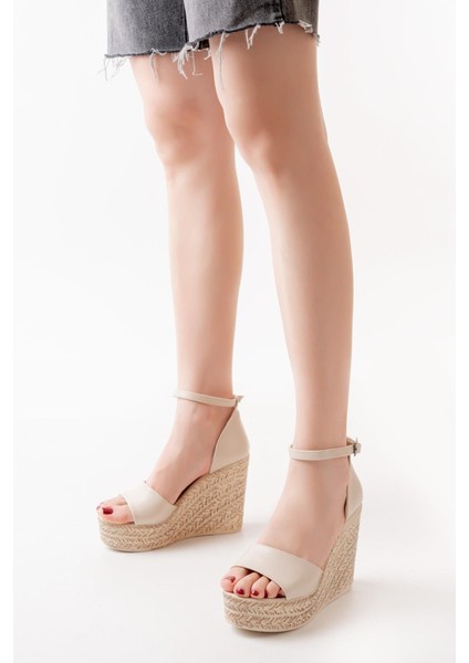 Kadın Dolgu Topuklu Ayakkabı Rahat 11 cm Krem Suni Deri Yaz Sezonu fiyatları