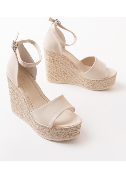 Kadın Dolgu Topuklu Ayakkabı Rahat 11 cm Krem Suni Deri Yaz Sezonu modelleri