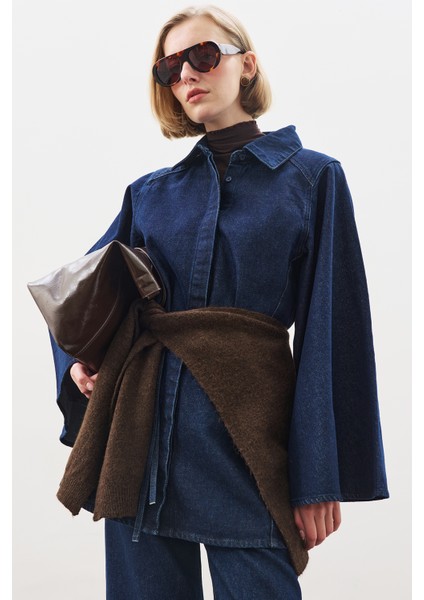 Geniş Pelerin Kollu Denim Gömlek Indigo