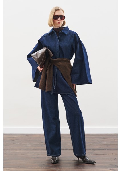 Geniş Pelerin Kollu Denim Gömlek Indigo fiyatları