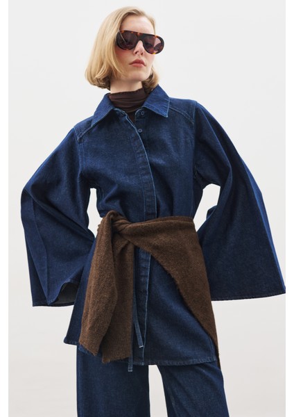 Geniş Pelerin Kollu Denim Gömlek Indigo modelleri