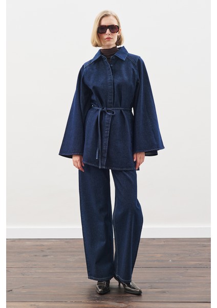 Geniş Pelerin Kollu Denim Gömlek Indigo fırsatları