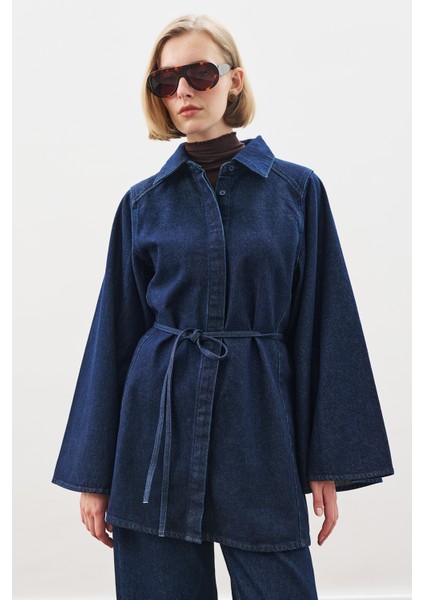 Geniş Pelerin Kollu Denim Gömlek Indigo indirimleri