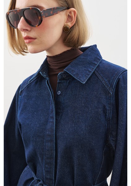 Geniş Pelerin Kollu Denim Gömlek Indigo