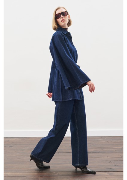 Geniş Pelerin Kollu Denim Gömlek Indigo