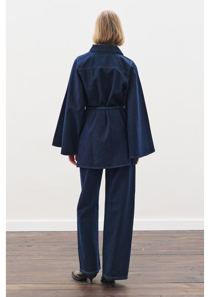 Geniş Pelerin Kollu Denim Gömlek Indigo