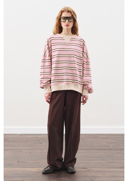Oversıze Çizgili Sweatshırt Bordo