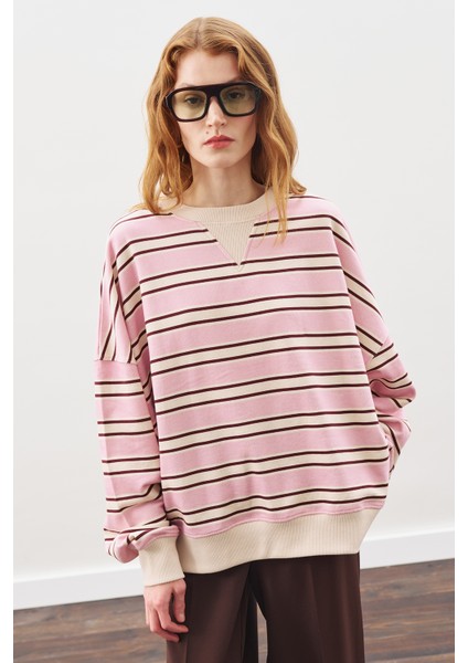 Oversıze Çizgili Sweatshırt Bordo fiyatları