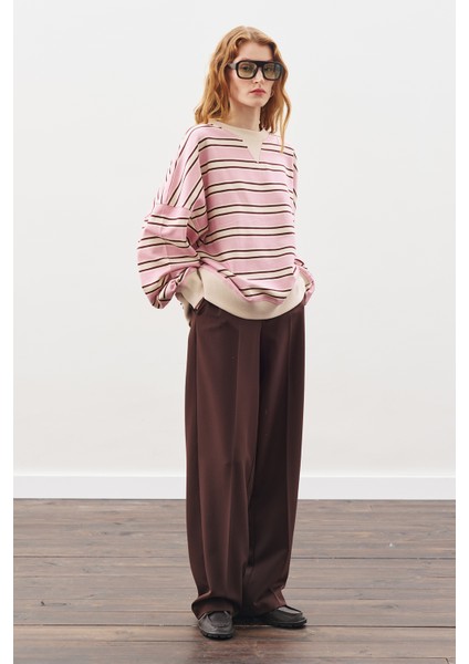 Oversıze Çizgili Sweatshırt Bordo modelleri