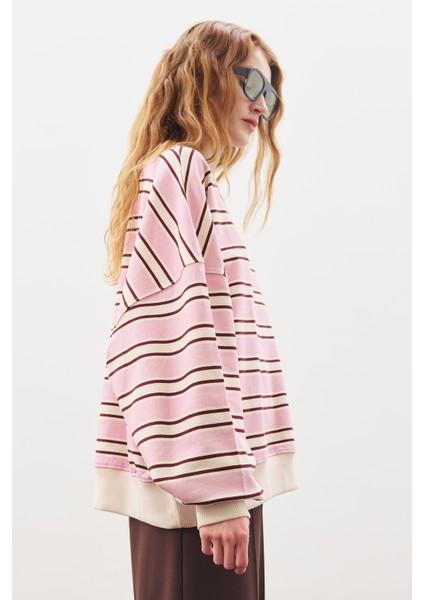 Oversıze Çizgili Sweatshırt Bordo fırsatları