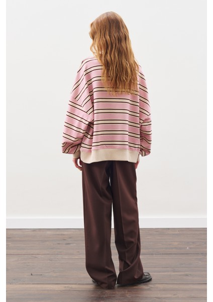 Oversıze Çizgili Sweatshırt Bordo