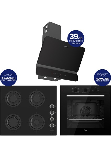 Flowart Turbolu Siyah Cam Silenart Ankastre Set QBL62CS - CS205FA - D080SA