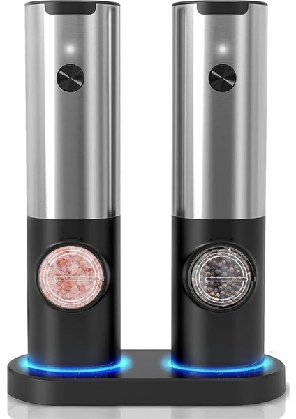 Standlı Tuz Karabiber Değirmeni - 5 Kademe Öğütme Ayarı, LED Işık Tasarımlı Baharat Öğütücü, Standlı Kullanım, Elektrikli Otomatik Tuz Karabiber Kahve Baharat Öğütücü