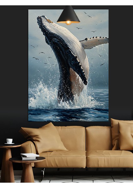 Suyun Üzerinden Atlayan Büyük Mavi Balina Dekoratif Kanvas - Mdf Ahşap Tablo