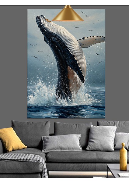 Suyun Üzerinden Atlayan Büyük Mavi Balina Dekoratif Kanvas - Mdf Ahşap Tablo fiyatları