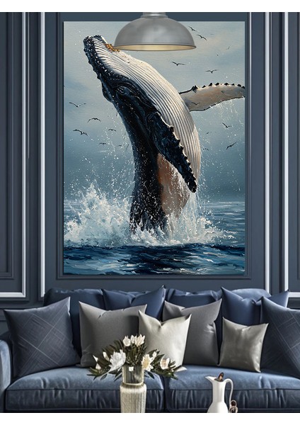 Suyun Üzerinden Atlayan Büyük Mavi Balina Dekoratif Kanvas - Mdf Ahşap Tablo modelleri