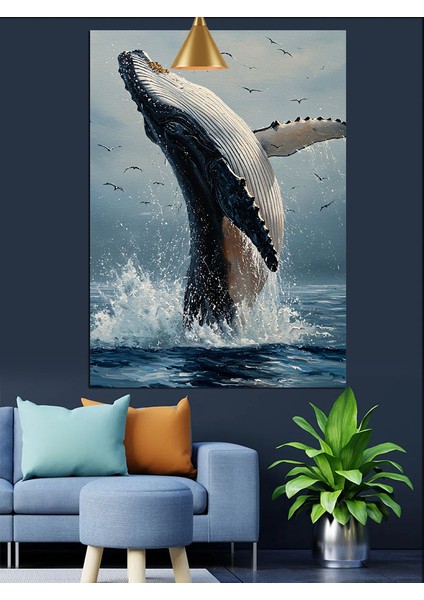 Suyun Üzerinden Atlayan Büyük Mavi Balina Dekoratif Kanvas - Mdf Ahşap Tablo indirimleri