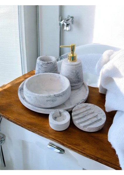 6'lı Mermer Desen Beton Banyo Seti ,sıvı Sabunluk Diş Fırçalığı Aksesuar Takımı