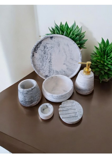 6'lı Mermer Desen Beton Banyo Seti ,sıvı Sabunluk Diş Fırçalığı Aksesuar Takımı modelleri