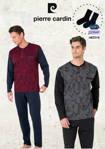 Erkek %100 Pamuk Uzun Kol Jakarlı Bordo & Siyah Iki Adet Pijama Takımı L1.PC.6111.002
