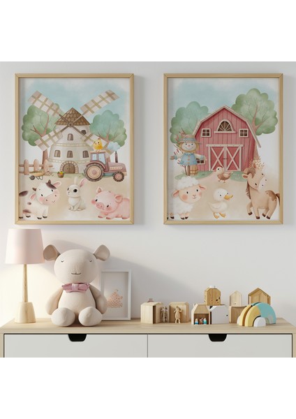 Çiftlik Hayvan Temalı Isimli 2'li Çocuk Odası Dekoratif Poster Seti - Çerçevesiz