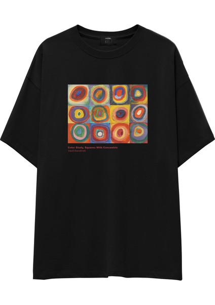 Color Study, Squares With Concentric Circles Oversize Tişört - Siyah