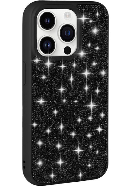 Apple iPhone 14 Pro Max Kılıf Parlak Taşlı Tasarım Nxxa Pırlanta Kapak-Siyah