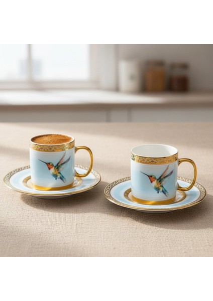Stork Mavi Gold Renk Kuş Figürlü 6 Kişilik Porselen Kahve Fincan Takımı - 90 Ml.