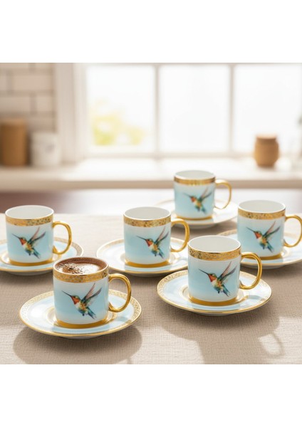 Stork Mavi Gold Renk Kuş Figürlü 6 Kişilik Porselen Kahve Fincan Takımı - 90 Ml. fiyatları