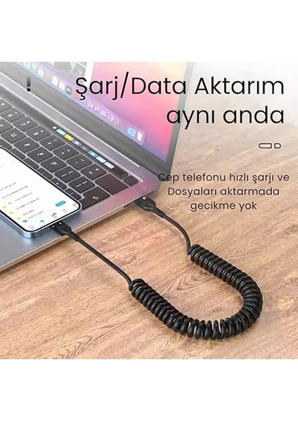 5A 66W Spiral USB To Type C Şarj ve Data Kablosu,1-1,5 Metre Kısayıp Uzayabilen Elastik Kablo modelleri